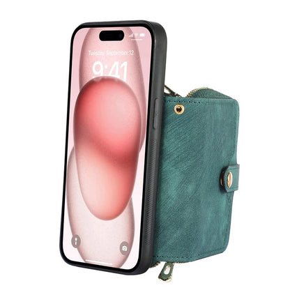 D3 for iPhone 15 Case Zipper Wallet Leather Coated PC+TPU Phone Cover with Lanyard