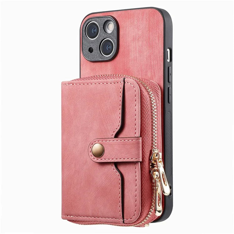 D3 for iPhone 15 Case Zipper Wallet Leather Coated PC+TPU Phone Cover with Lanyard