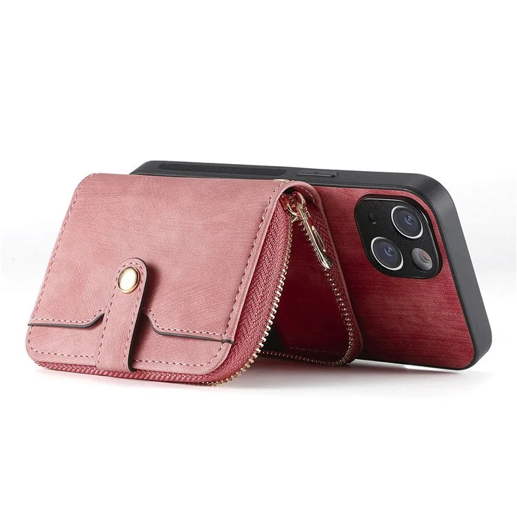 D3 for iPhone 15 Case Zipper Wallet Leather Coated PC+TPU Phone Cover with Lanyard