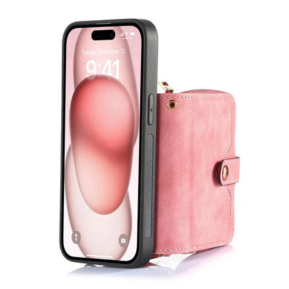 D3 for iPhone 15 Case Zipper Wallet Leather Coated PC+TPU Phone Cover with Lanyard