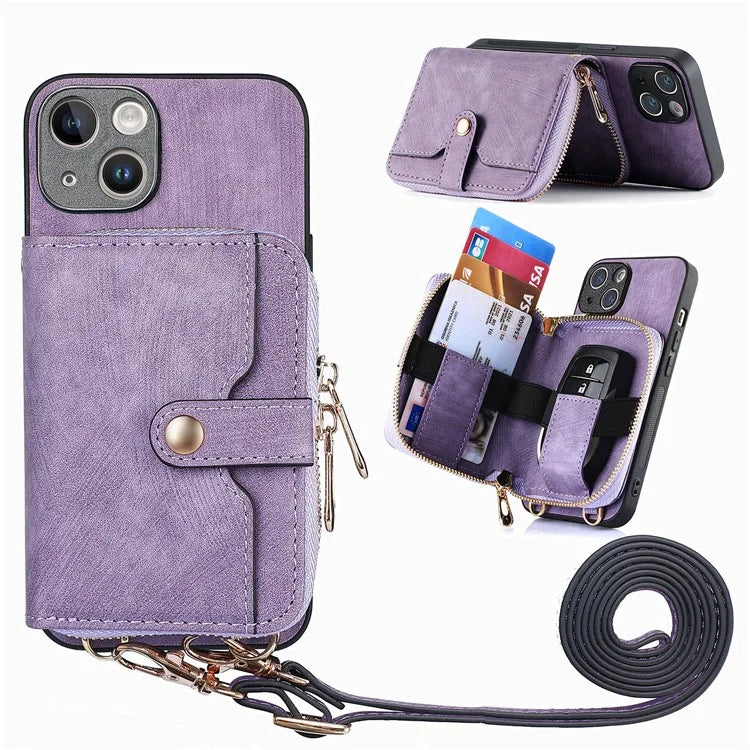 D3 for iPhone 15 Case Zipper Wallet Leather Coated PC+TPU Phone Cover with Lanyard