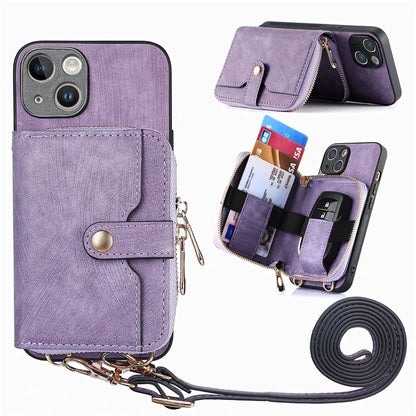 D3 for iPhone 15 Case Zipper Wallet Leather Coated PC+TPU Phone Cover with Lanyard