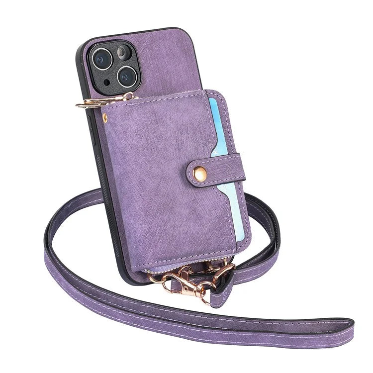 D3 for iPhone 15 Case Zipper Wallet Leather Coated PC+TPU Phone Cover with Lanyard