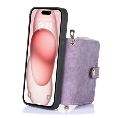 D3 for iPhone 15 Case Zipper Wallet Leather Coated PC+TPU Phone Cover with Lanyard