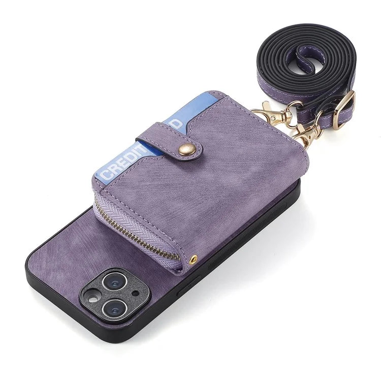 D3 for iPhone 15 Case Zipper Wallet Leather Coated PC+TPU Phone Cover with Lanyard