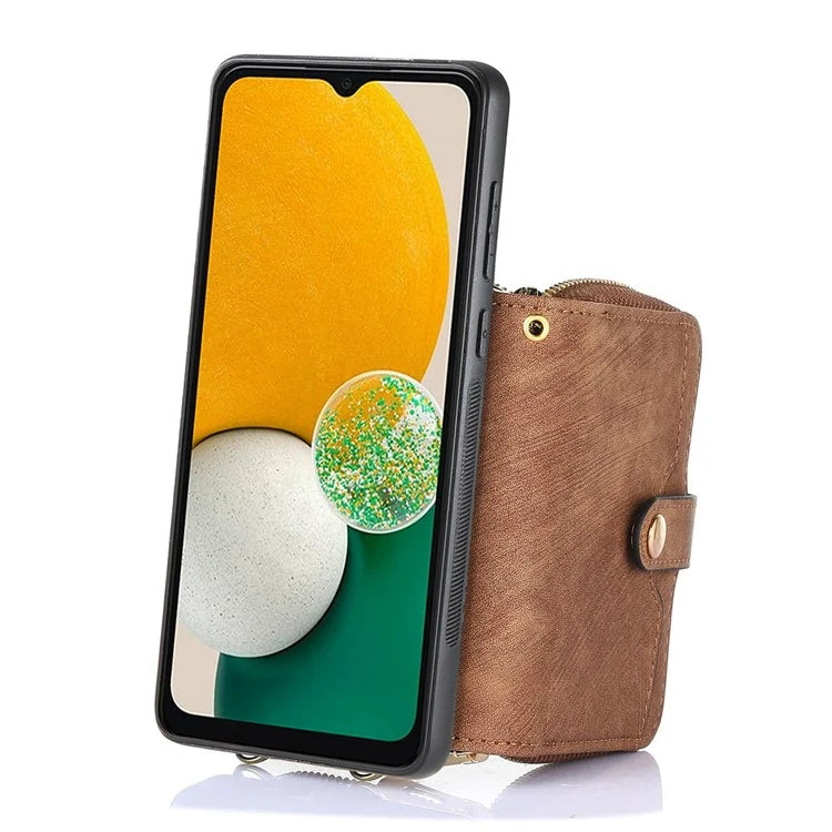 D3 For Samsung Galaxy A13 5G / A04s 4G (164.7 x 76.7 x 9.1 mm) Kickstand PU Leather+PC+TPU Phone Case Zipper Wallet