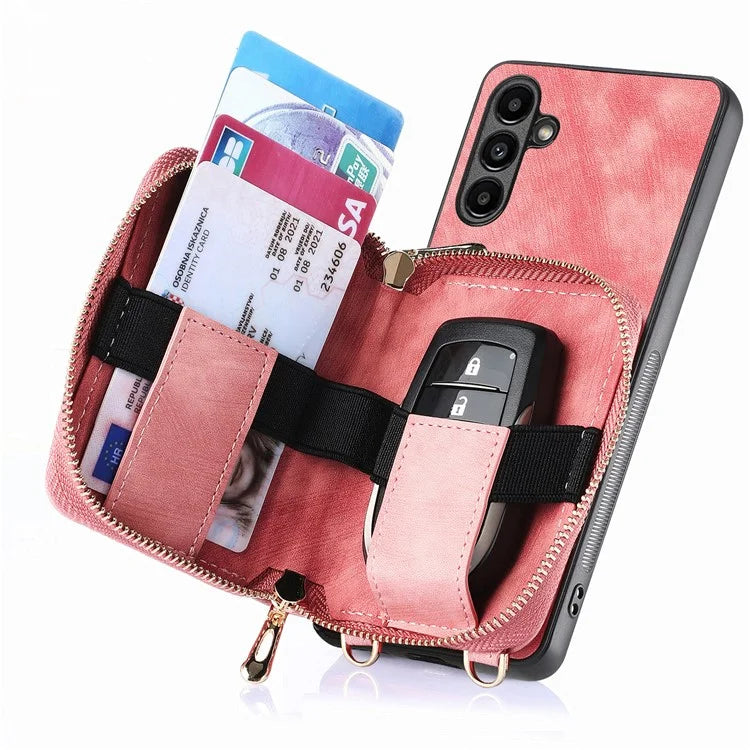 D3 for Samsung Galaxy A05s 4G Case Zipper Retro Leather Back Cover with Crossbody Strap
