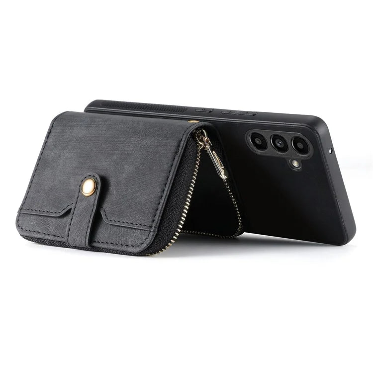D3 for Samsung Galaxy A15 4G / 5G PU Leather+PC+TPU Case Retro Zipper Pocket Cover with Lanyard