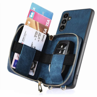 D3 for Samsung Galaxy A15 4G / 5G PU Leather+PC+TPU Case Retro Zipper Pocket Cover with Lanyard