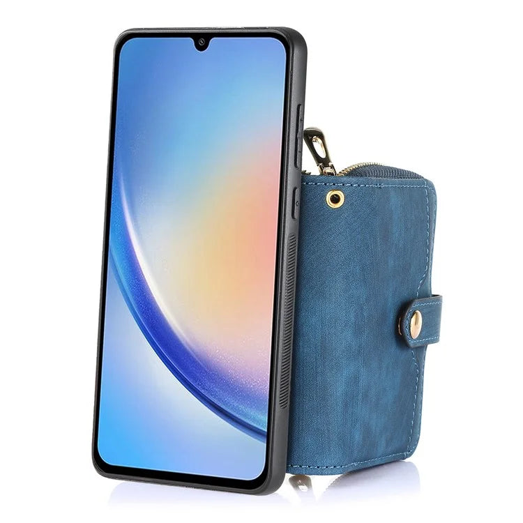 D3 for Samsung Galaxy A15 4G / 5G PU Leather+PC+TPU Case Retro Zipper Pocket Cover with Lanyard