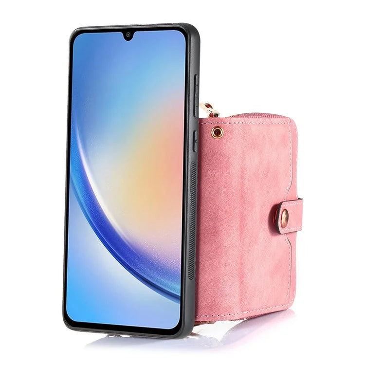 D3 for Samsung Galaxy A15 4G / 5G PU Leather+PC+TPU Case Retro Zipper Pocket Cover with Lanyard