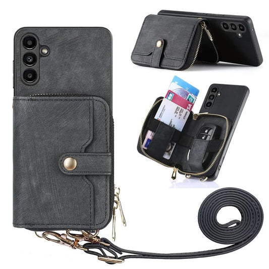 D3 For Samsung Galaxy A14 5G / 4G Case Zipper Wallet Leather+TPU+PC Cover with Shoulder Strap