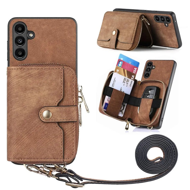 D3 For Samsung Galaxy A14 5G / 4G Case Zipper Wallet Leather+TPU+PC Cover with Shoulder Strap