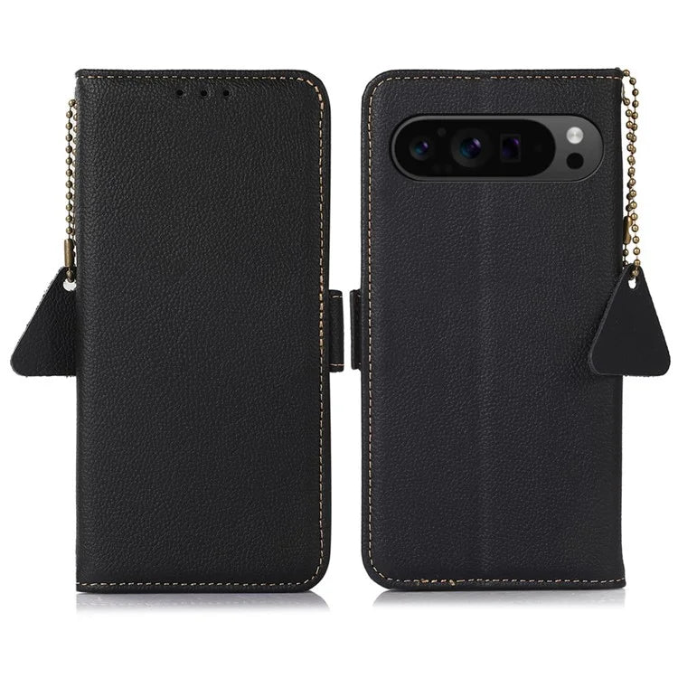 TJ For Google Pixel 9 Pro XL RFID Blocking Case Genuine Cow Leather Flip Phone Cover