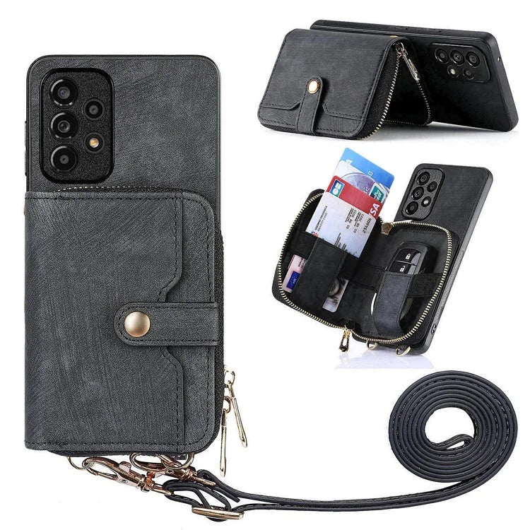 D3 For Samsung Galaxy A53 5G Case Zipper Wallet Retro Leather Coated Back Cover with Shoulder Strap