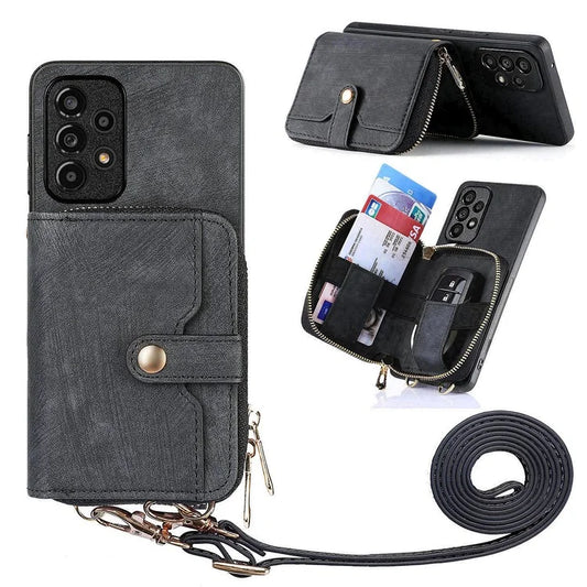 D3 For Samsung Galaxy A53 5G Case Zipper Wallet Retro Leather Coated Back Cover with Shoulder Strap