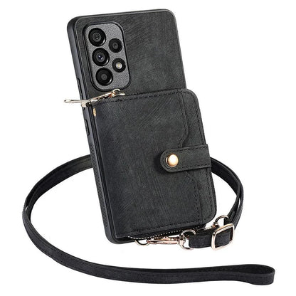 D3 For Samsung Galaxy A53 5G Case Zipper Wallet Retro Leather Coated Back Cover with Shoulder Strap
