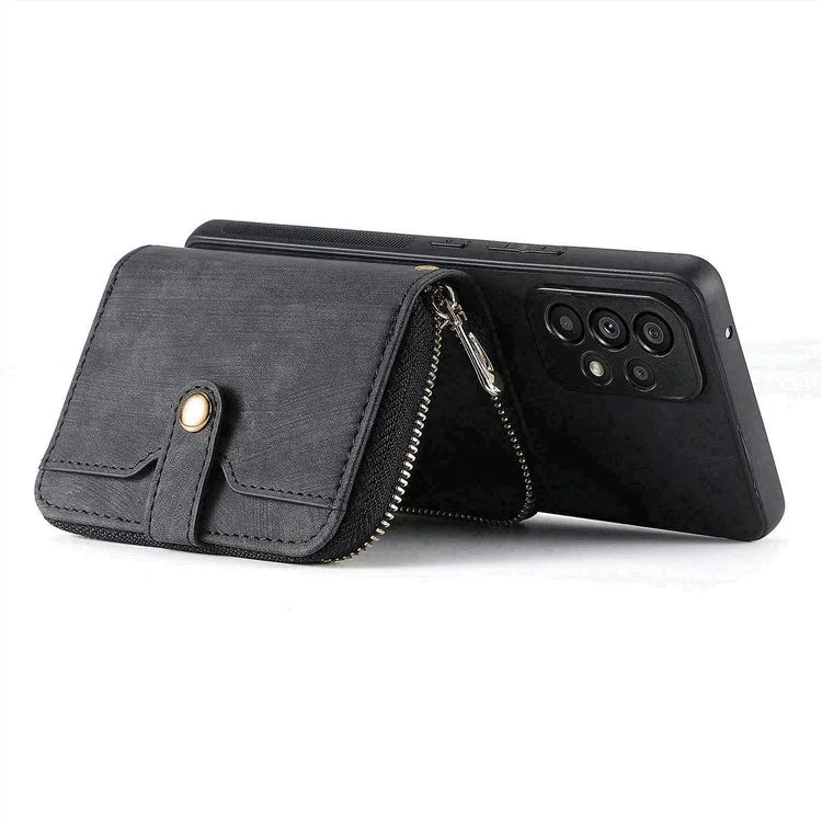 D3 For Samsung Galaxy A53 5G Case Zipper Wallet Retro Leather Coated Back Cover with Shoulder Strap