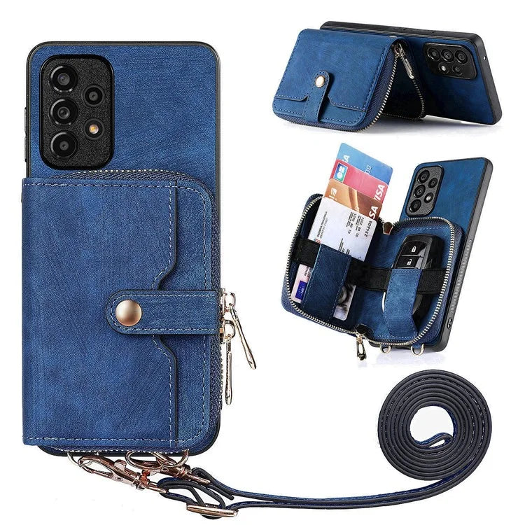 D3 For Samsung Galaxy A53 5G Case Zipper Wallet Retro Leather Coated Back Cover with Shoulder Strap