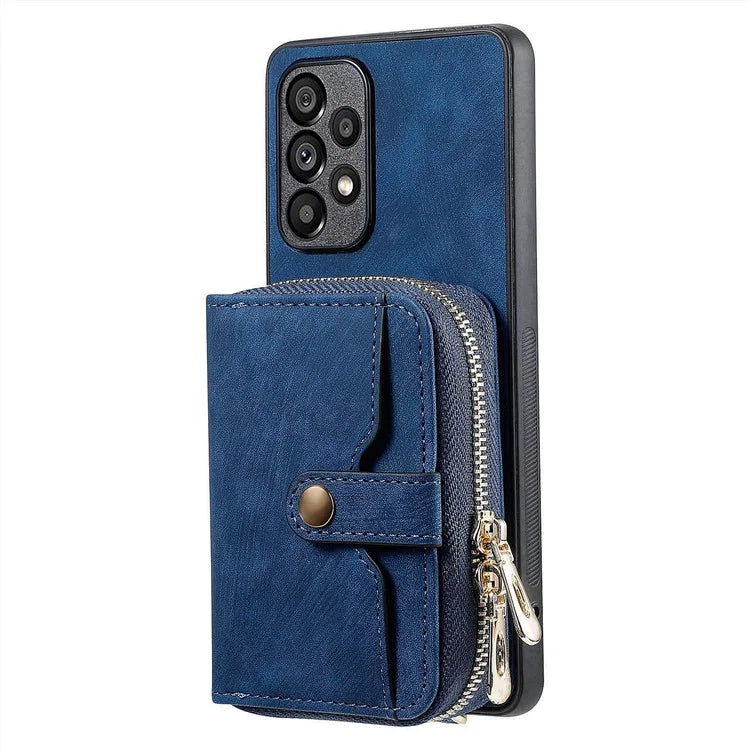 D3 For Samsung Galaxy A53 5G Case Zipper Wallet Retro Leather Coated Back Cover with Shoulder Strap