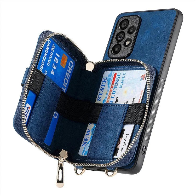 D3 For Samsung Galaxy A53 5G Case Zipper Wallet Retro Leather Coated Back Cover with Shoulder Strap