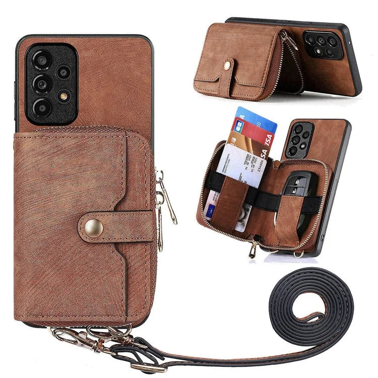 D3 For Samsung Galaxy A53 5G Case Zipper Wallet Retro Leather Coated Back Cover with Shoulder Strap