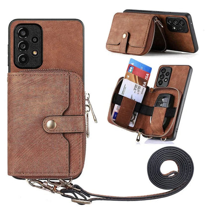 D3 For Samsung Galaxy A53 5G Case Zipper Wallet Retro Leather Coated Back Cover with Shoulder Strap