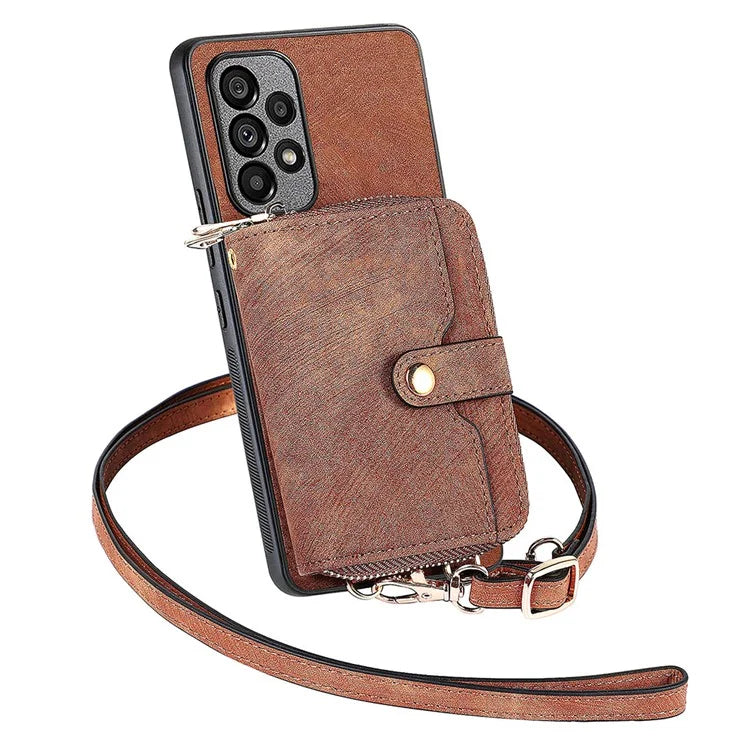 D3 For Samsung Galaxy A53 5G Case Zipper Wallet Retro Leather Coated Back Cover with Shoulder Strap