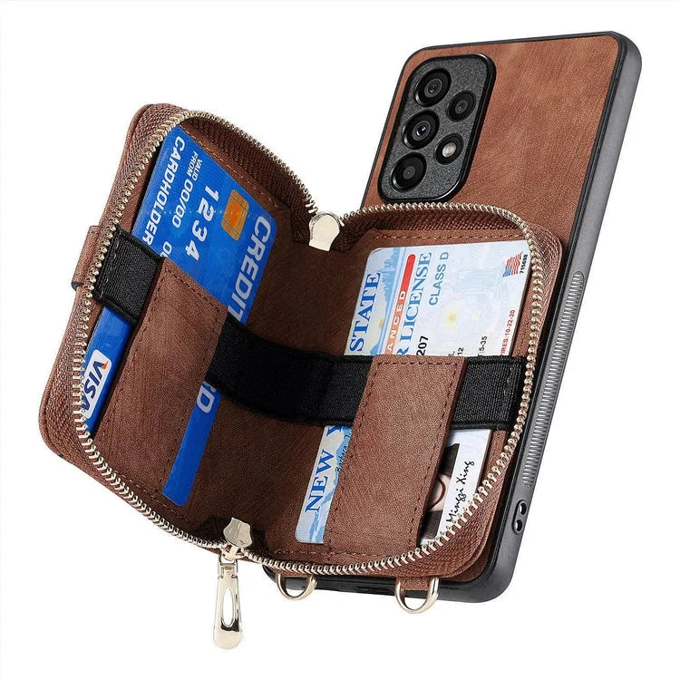 D3 For Samsung Galaxy A53 5G Case Zipper Wallet Retro Leather Coated Back Cover with Shoulder Strap
