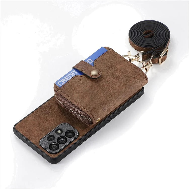 D3 For Samsung Galaxy A53 5G Case Zipper Wallet Retro Leather Coated Back Cover with Shoulder Strap