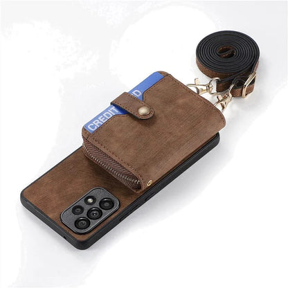 D3 For Samsung Galaxy A53 5G Case Zipper Wallet Retro Leather Coated Back Cover with Shoulder Strap