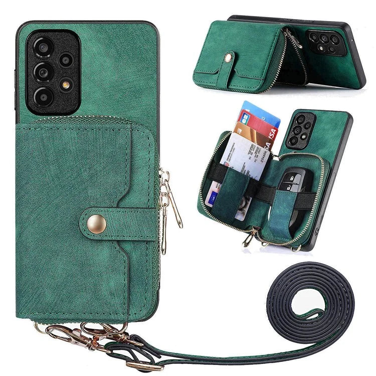 D3 For Samsung Galaxy A53 5G Case Zipper Wallet Retro Leather Coated Back Cover with Shoulder Strap