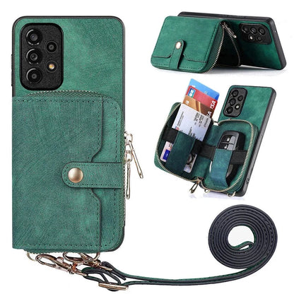 D3 For Samsung Galaxy A53 5G Case Zipper Wallet Retro Leather Coated Back Cover with Shoulder Strap
