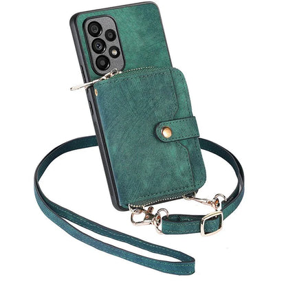 D3 For Samsung Galaxy A53 5G Case Zipper Wallet Retro Leather Coated Back Cover with Shoulder Strap