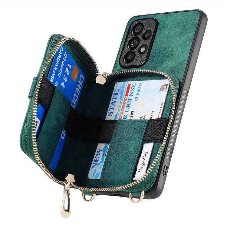 D3 For Samsung Galaxy A53 5G Case Zipper Wallet Retro Leather Coated Back Cover with Shoulder Strap