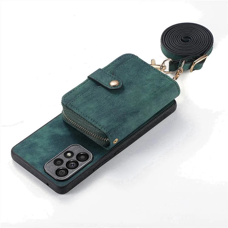 D3 For Samsung Galaxy A53 5G Case Zipper Wallet Retro Leather Coated Back Cover with Shoulder Strap