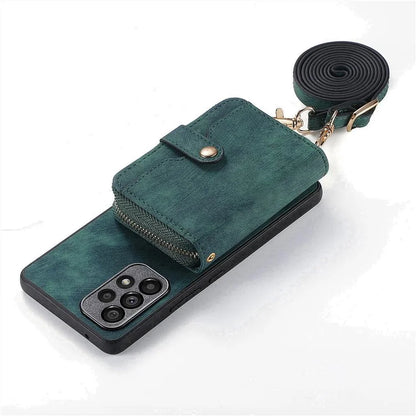 D3 For Samsung Galaxy A53 5G Case Zipper Wallet Retro Leather Coated Back Cover with Shoulder Strap