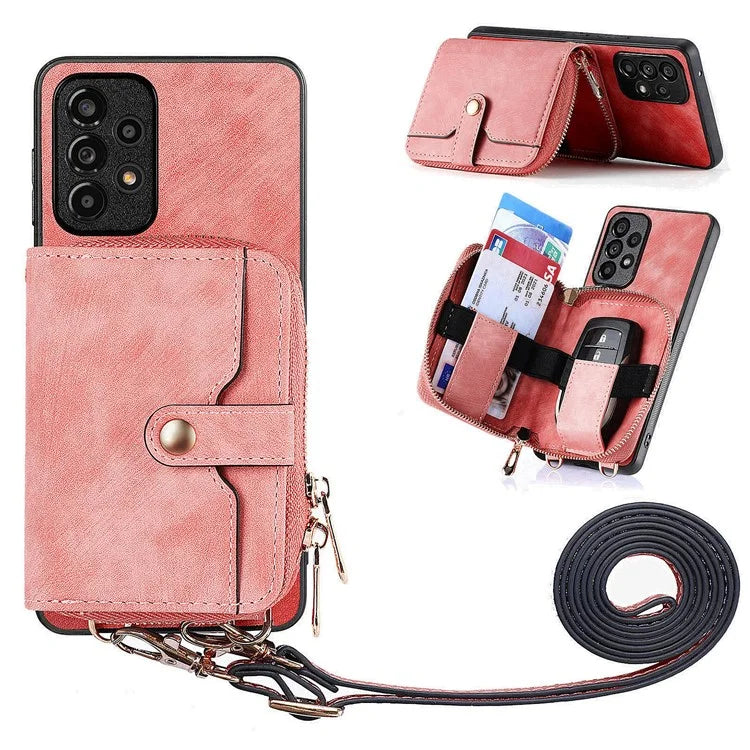 D3 For Samsung Galaxy A53 5G Case Zipper Wallet Retro Leather Coated Back Cover with Shoulder Strap