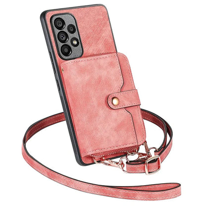 D3 For Samsung Galaxy A53 5G Case Zipper Wallet Retro Leather Coated Back Cover with Shoulder Strap