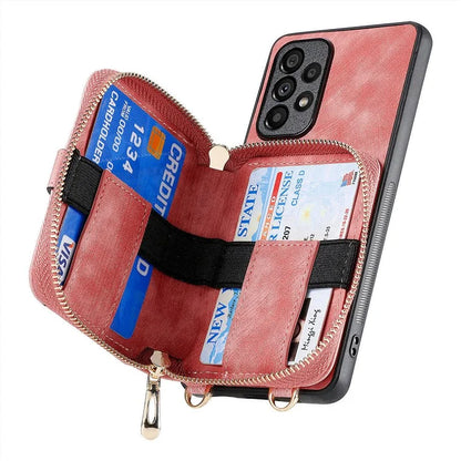 D3 For Samsung Galaxy A53 5G Case Zipper Wallet Retro Leather Coated Back Cover with Shoulder Strap