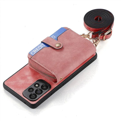 D3 For Samsung Galaxy A53 5G Case Zipper Wallet Retro Leather Coated Back Cover with Shoulder Strap