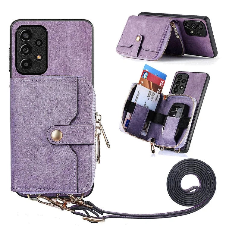 D3 For Samsung Galaxy A53 5G Case Zipper Wallet Retro Leather Coated Back Cover with Shoulder Strap