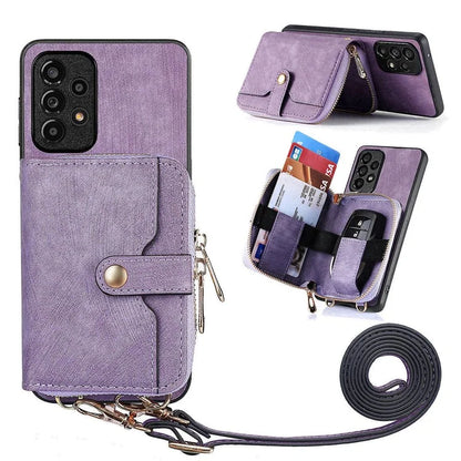 D3 For Samsung Galaxy A53 5G Case Zipper Wallet Retro Leather Coated Back Cover with Shoulder Strap