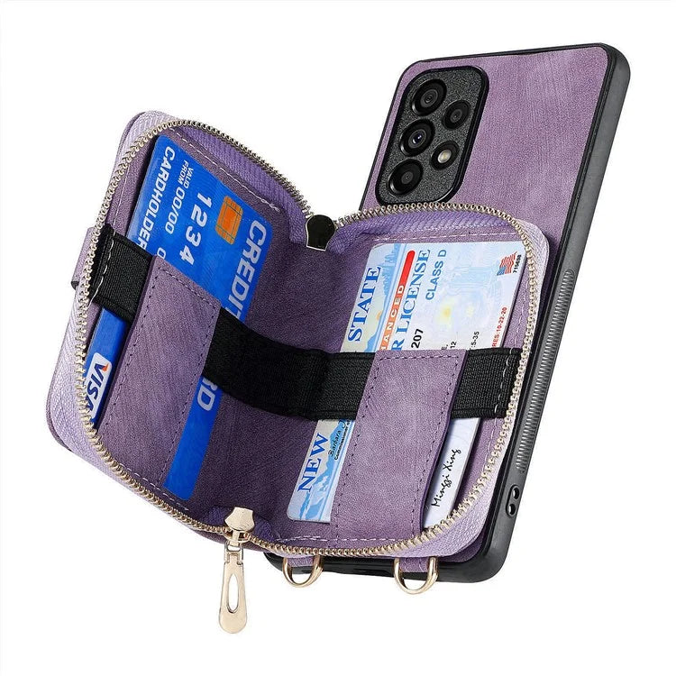 D3 For Samsung Galaxy A53 5G Case Zipper Wallet Retro Leather Coated Back Cover with Shoulder Strap