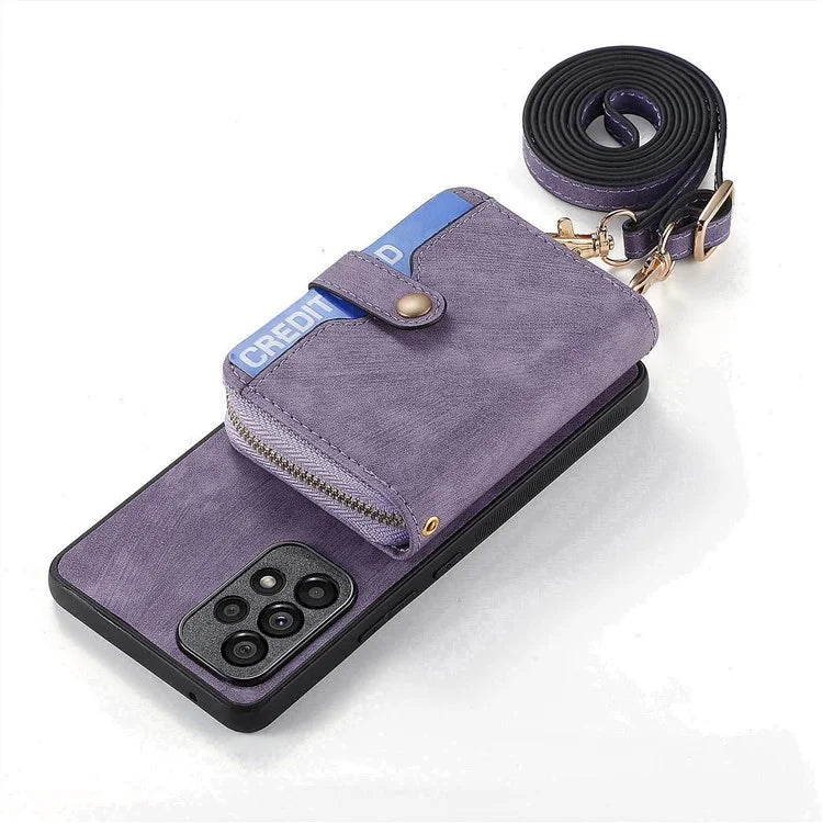 D3 For Samsung Galaxy A53 5G Case Zipper Wallet Retro Leather Coated Back Cover with Shoulder Strap