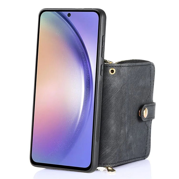 D3 For Samsung Galaxy A55 5G Cell Phone Case Zipper Wallet Leather+TPU+PC Cover with Long Strap
