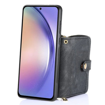 D3 For Samsung Galaxy A55 5G Cell Phone Case Zipper Wallet Leather+TPU+PC Cover with Long Strap