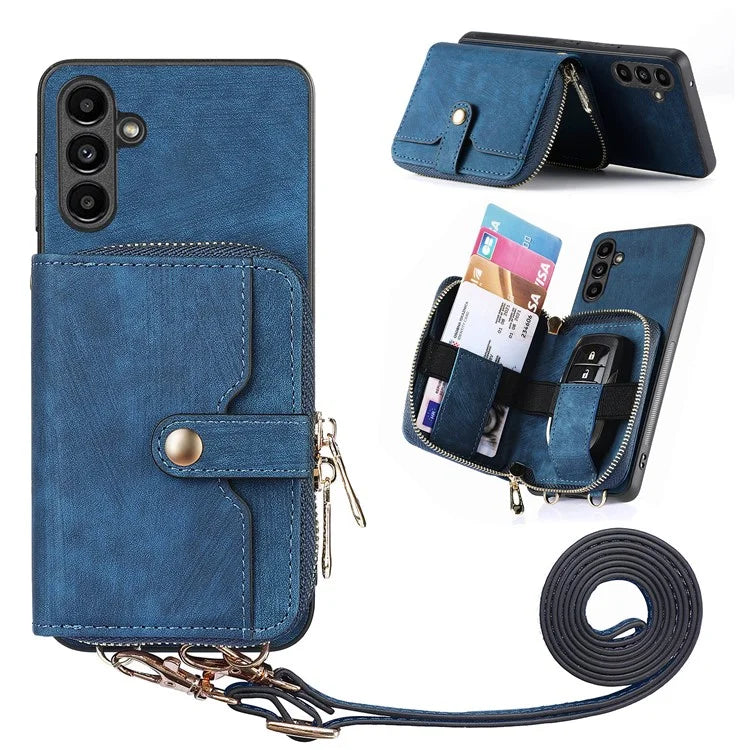 D3 For Samsung Galaxy A55 5G Cell Phone Case Zipper Wallet Leather+TPU+PC Cover with Long Strap