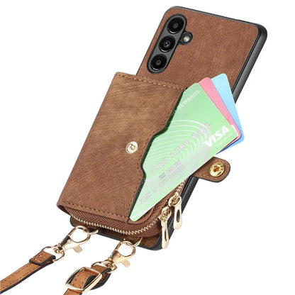 D3 For Samsung Galaxy A55 5G Cell Phone Case Zipper Wallet Leather+TPU+PC Cover with Long Strap