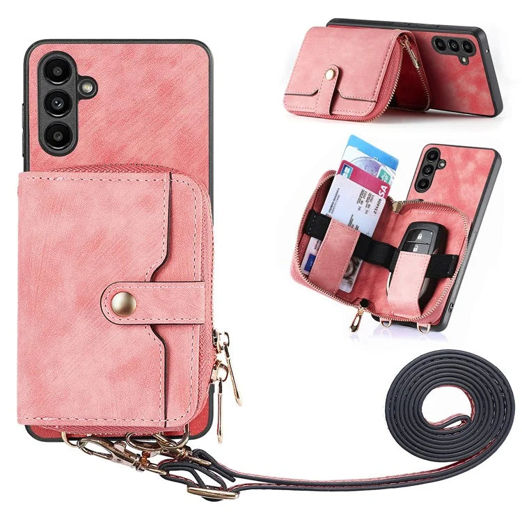 D3 For Samsung Galaxy A55 5G Cell Phone Case Zipper Wallet Leather+TPU+PC Cover with Long Strap